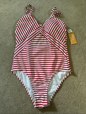 Kona Sol Americana Red & White Striped V-Neck One-Piece Swimsuit - NWT Women’s M